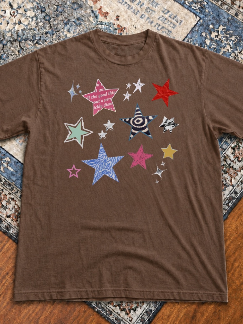 Gildan Brown Savana Short Sleeve Star Graphic Tee with Multicolor Stars